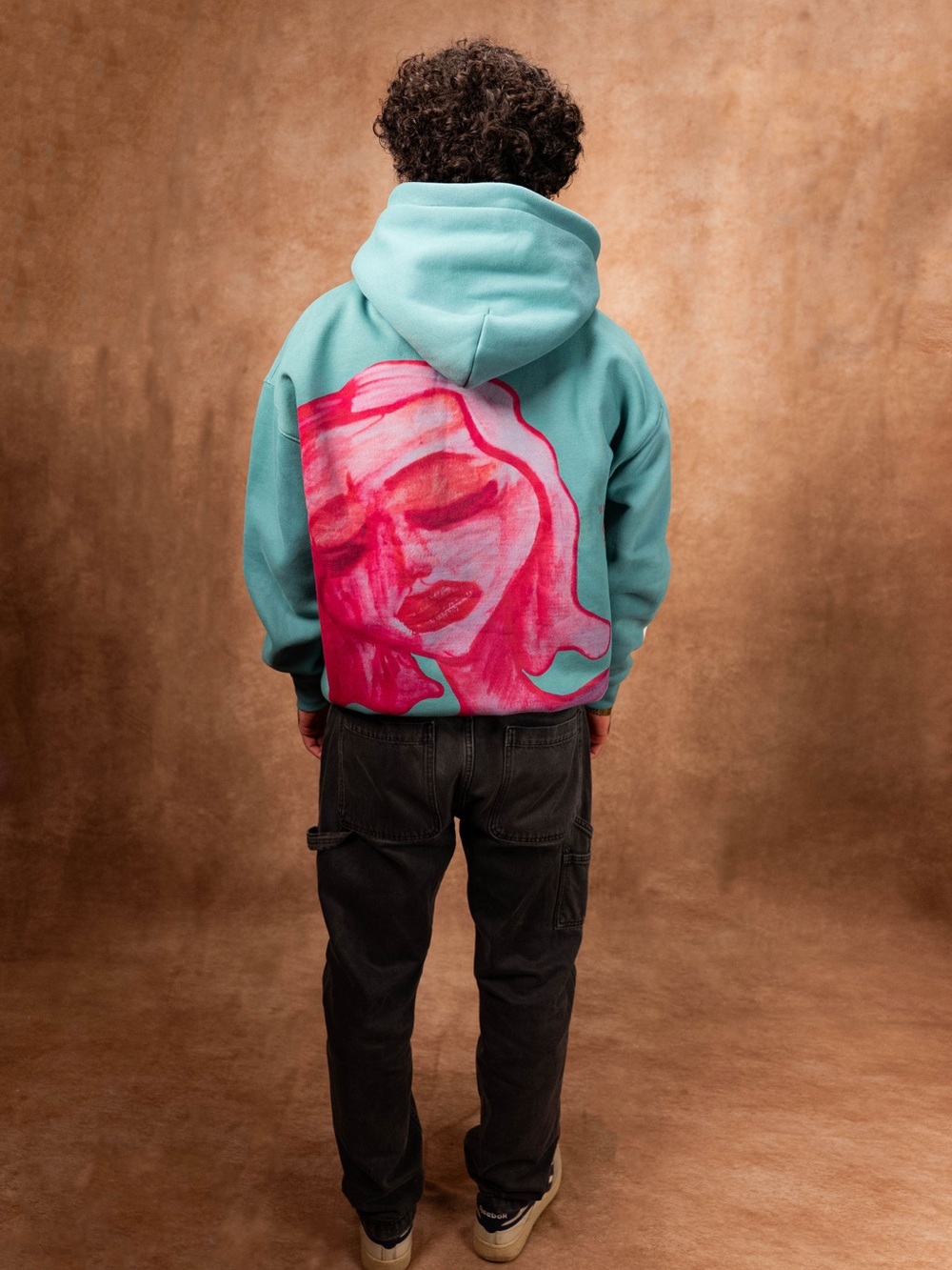 Turquoise Hoodie with Pink Graphic Back Art